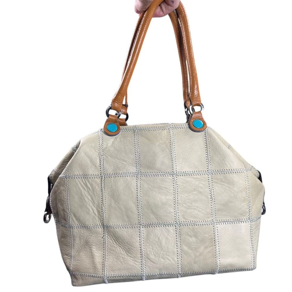 Gabs Tote Convertible Flat Satchel Patchwork Leather Canvas Cream Tan